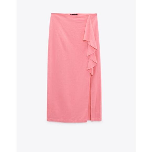 Zara Pink Midi Skirt Linen Blend with Side Slit & Ruffles Size XL - Picture 7 of 9
